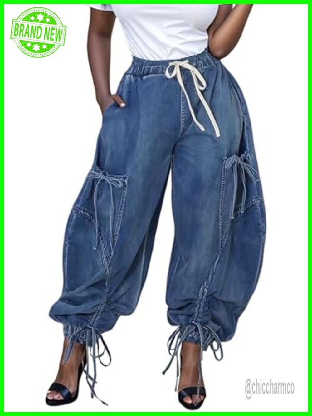 High Waist Drawstring Loose Wide Leg Denim Joggers with Pockets